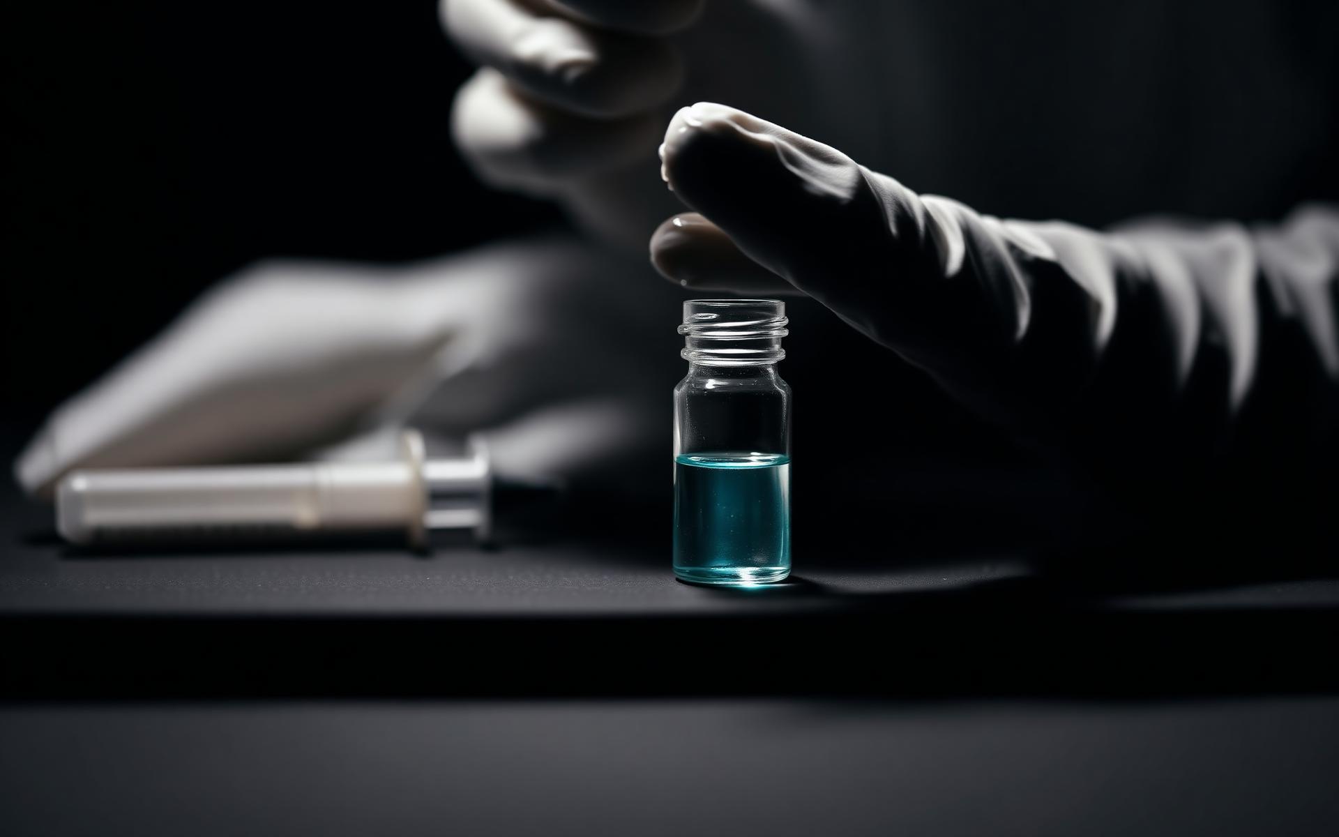 Peptide vial and syringe on a clinical surface